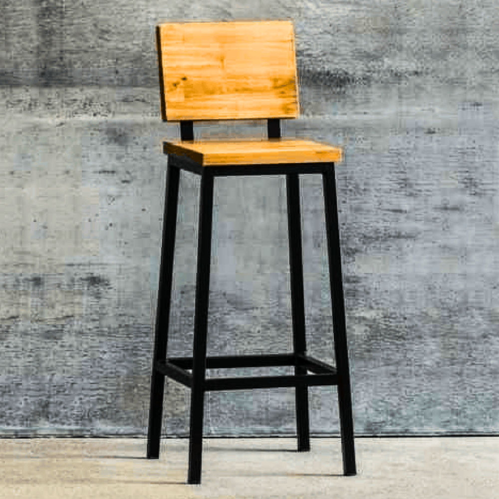 440 Natural Wood Bar Stool with Full Wood Back and Black Steel Frame - Image 1